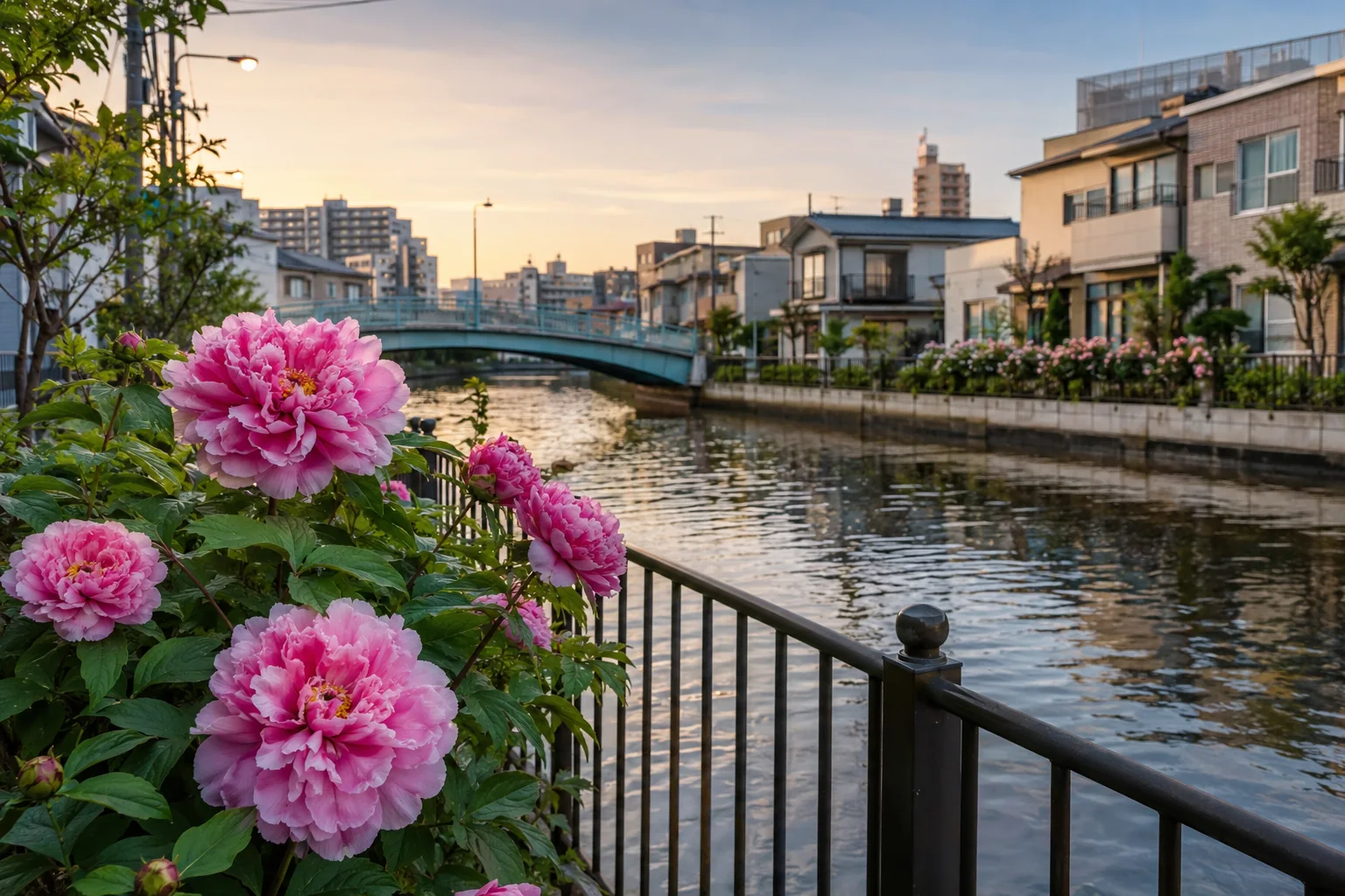 牡丹の花と水辺の町並みを描いた生成イメージ