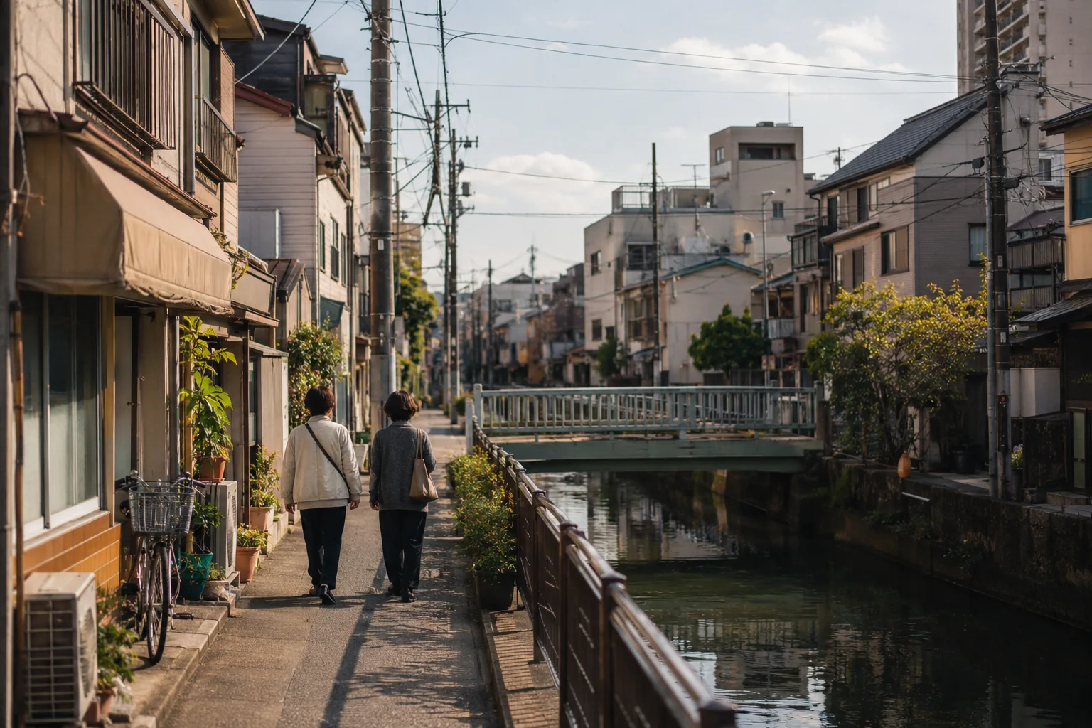 水路沿いの牡丹町を歩く人々を描いた生成イメージ