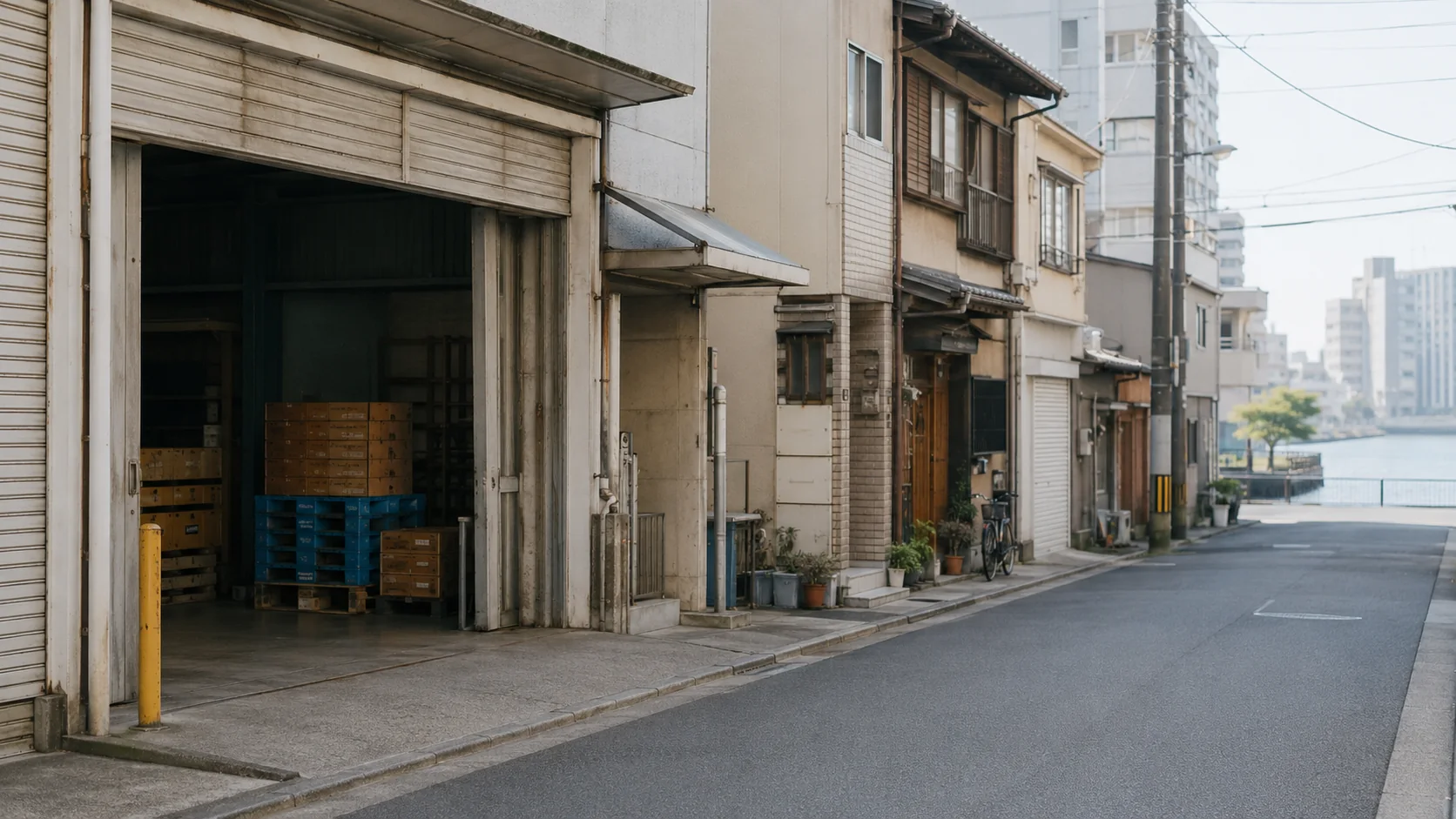 事業所と住宅が並ぶ水辺の街路を表現した生成イメージ