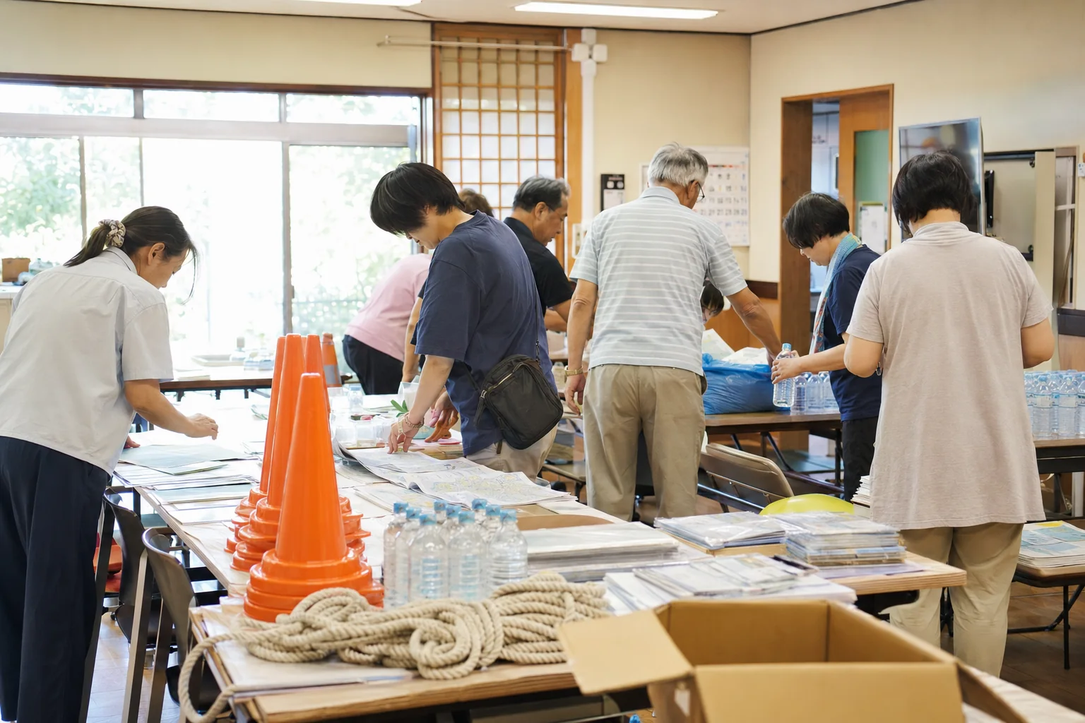 複数の町会関係者が祭礼準備について話し合う場面を表現したAIイメージ