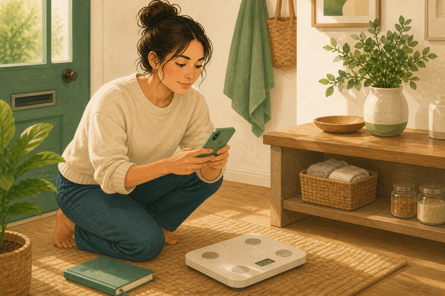 朝の自宅で、体重計のそばでスマートフォンを持つ人のイラスト