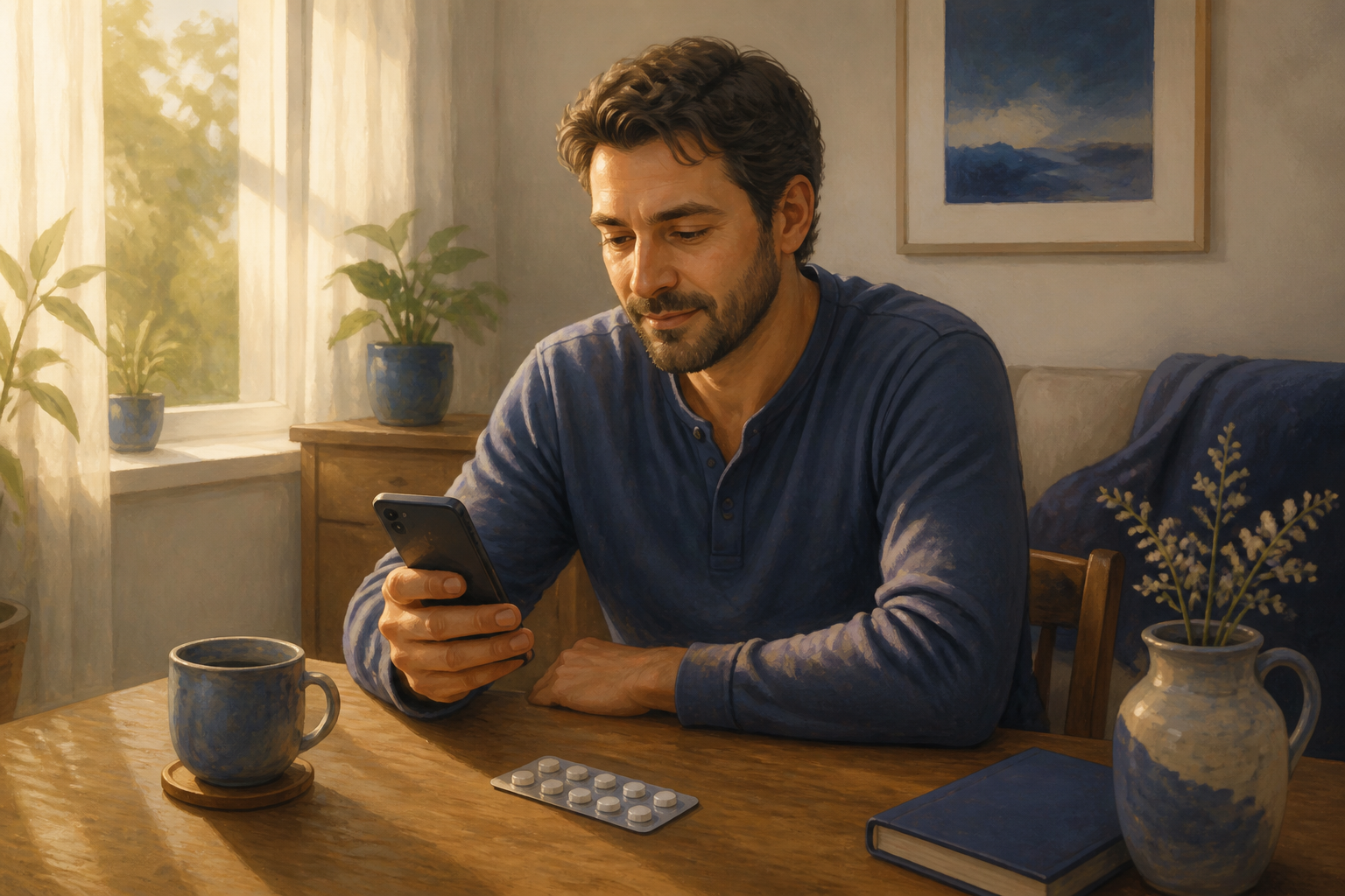 朝の自宅で、お薬とスマートフォンを確認する人のイラスト