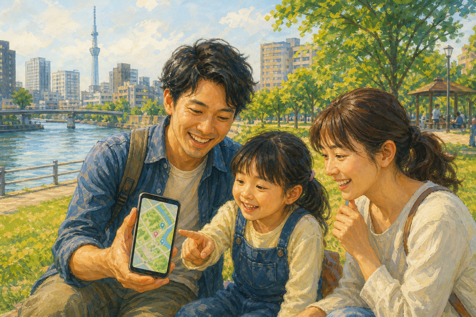 水辺の公園で家族が楽しんでいる様子。スマホに公園マップ