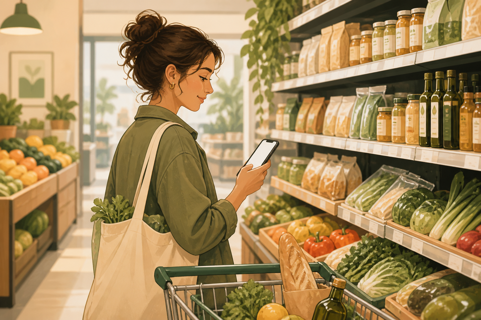 スーパーの通路で、買い物かごを押しながらスマートフォンの買い物リストを確認するイラスト
