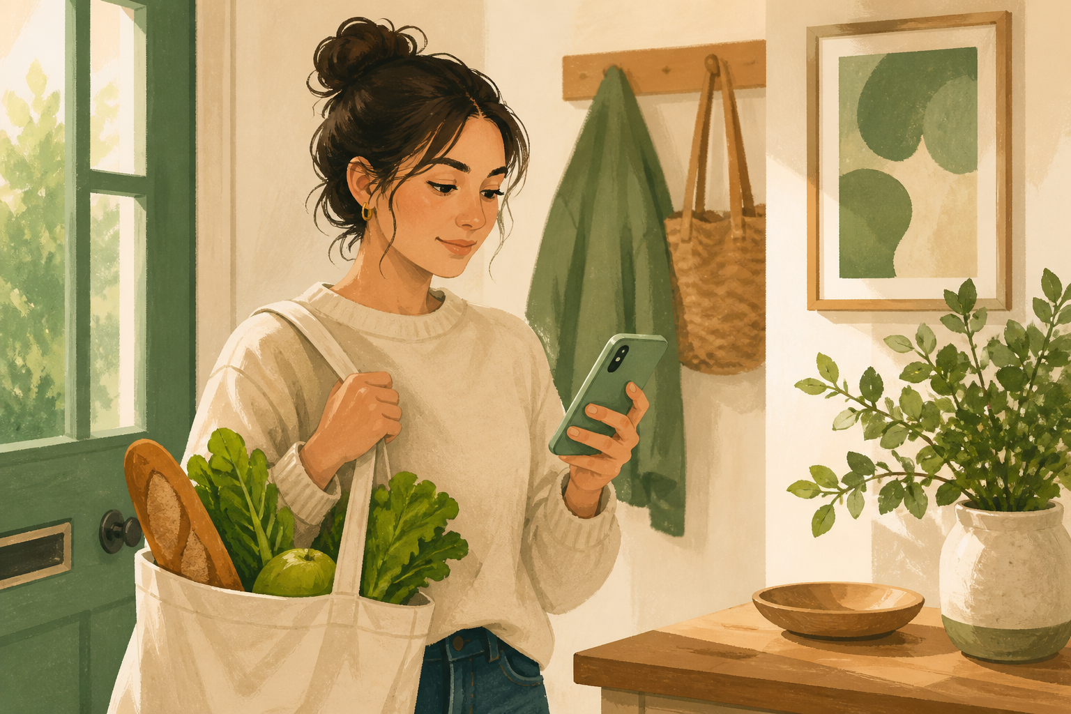 買い物袋を持ち、スマートフォンの買い物リストをさっと確認する人のイラスト