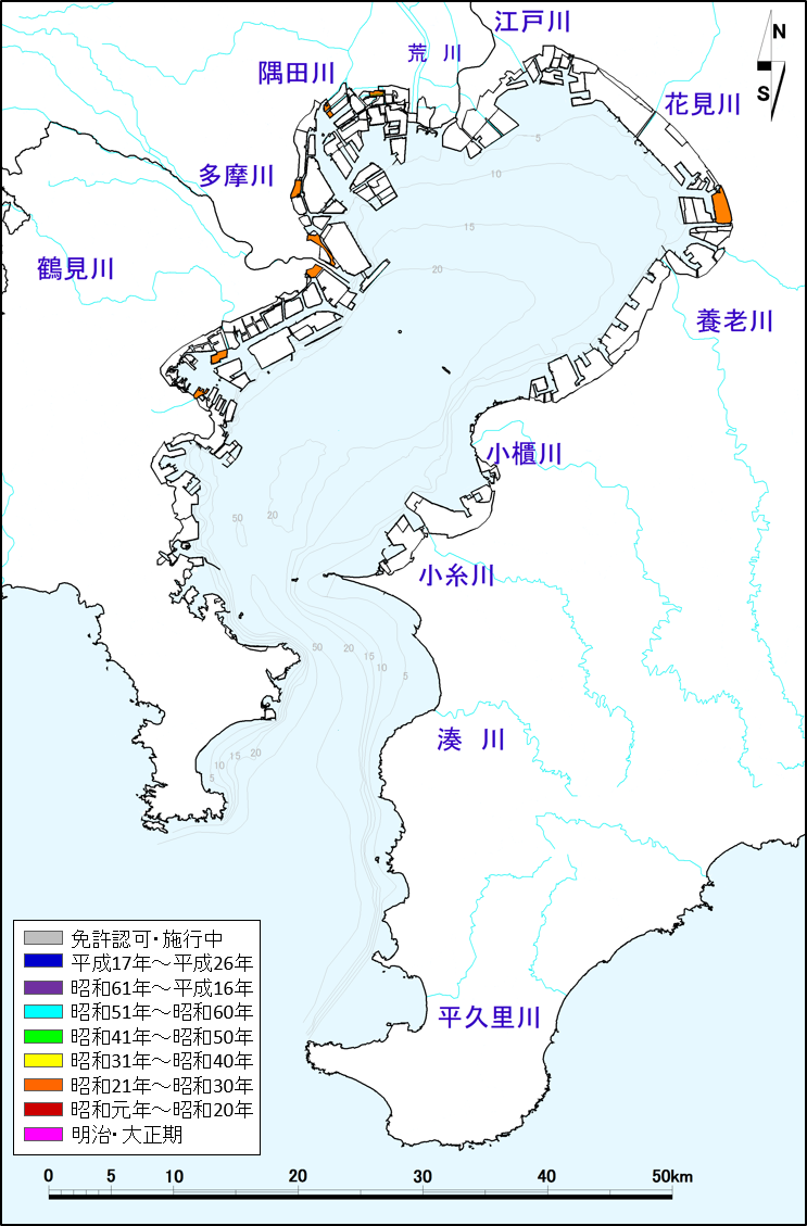 昭和21年〜昭和30年の埋立地分布図
