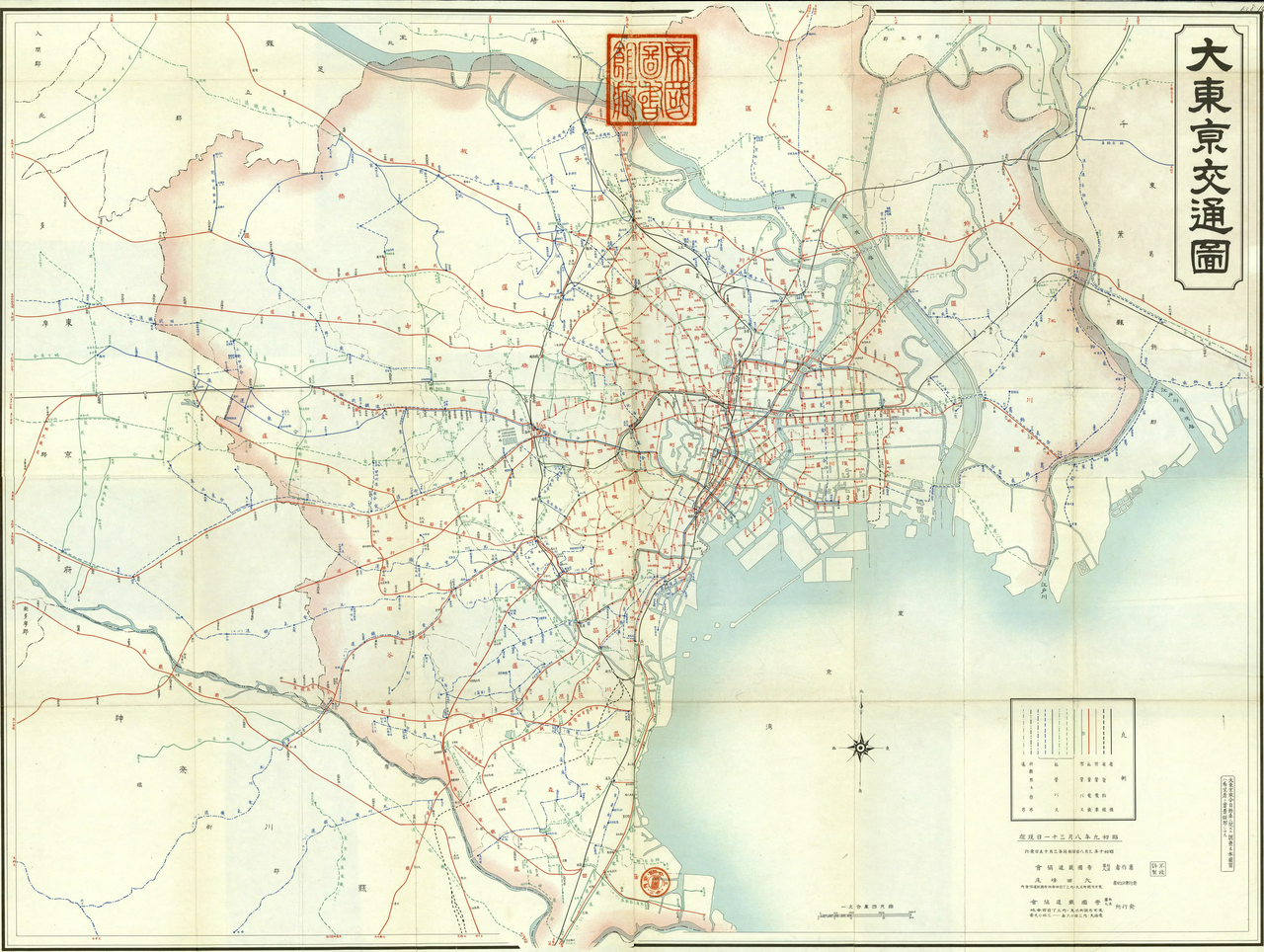 1935年の大東京交通図。城東方面の軌道が描かれている