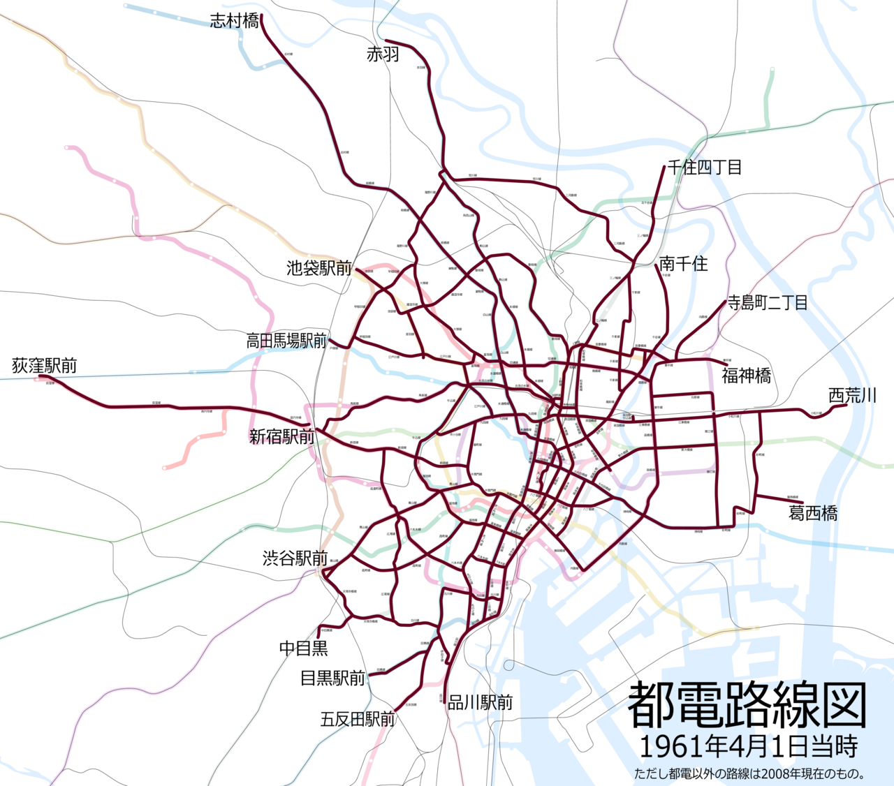 1961年頃の都電路線図。錦糸堀・砂町・洲崎方面が描かれている