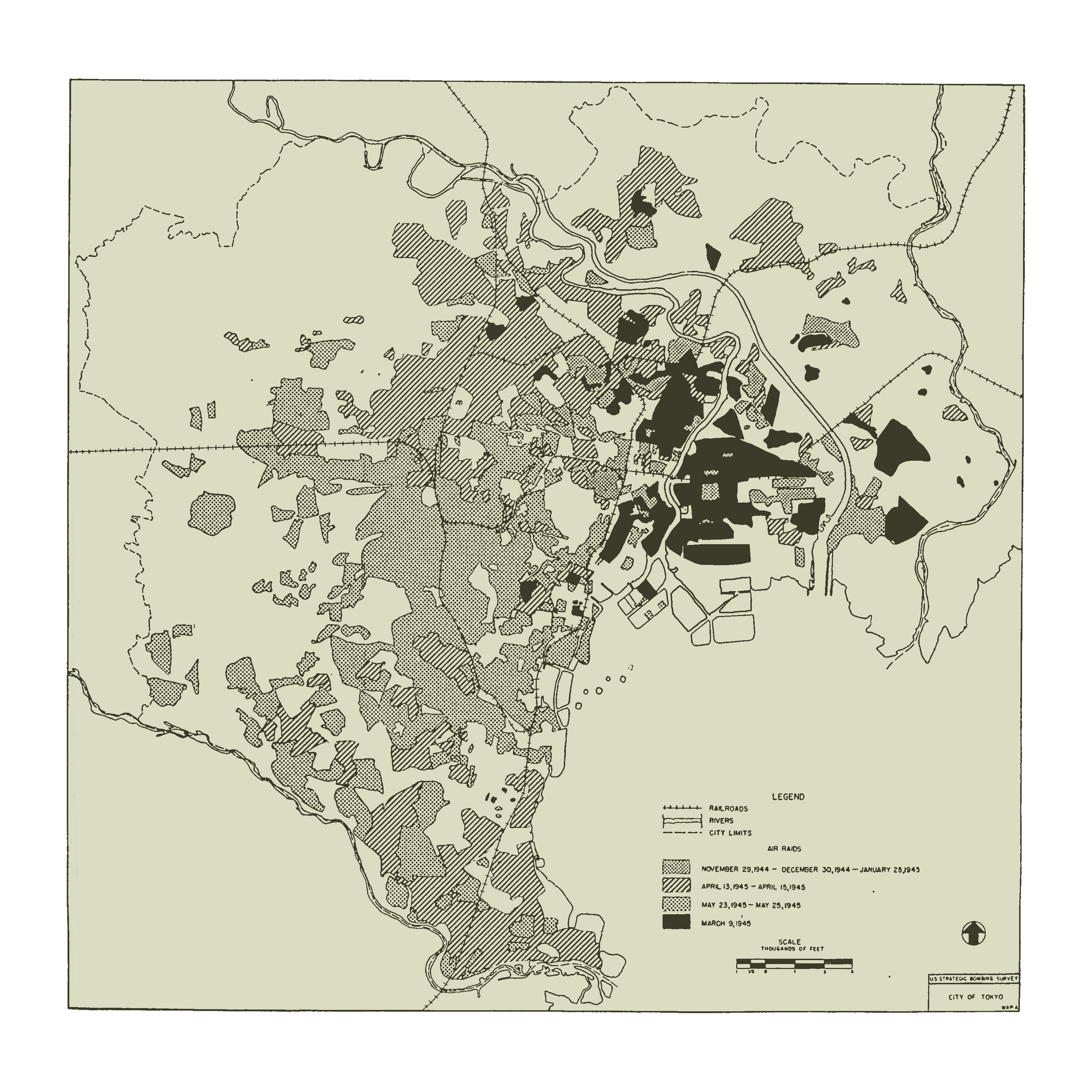 1944年から1945年の東京戦略爆撃を示す地図
