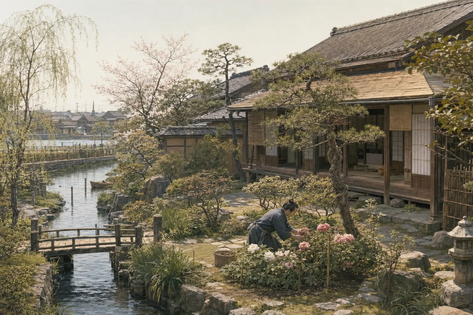 江戸後期の深川で、牡丹を育てる人と水辺の屋敷を描いたAI想像復元