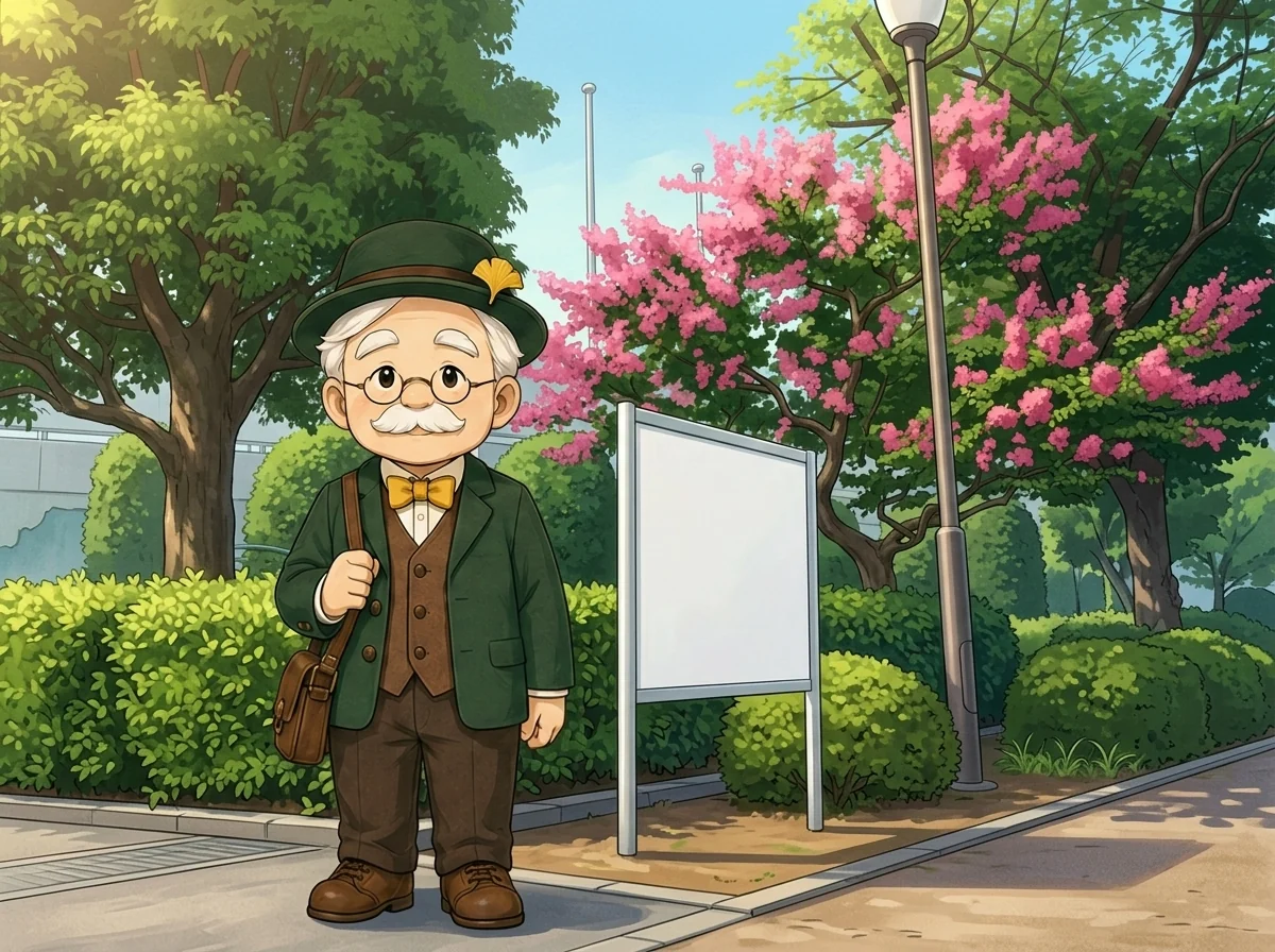 本多静六先生の1 POINT。せいろく先生がこの公園の看板前を案内している