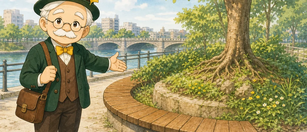 本多静六先生の1 POINT。橋のたもとの小さな緑と曲線ベンチを指さして案内している