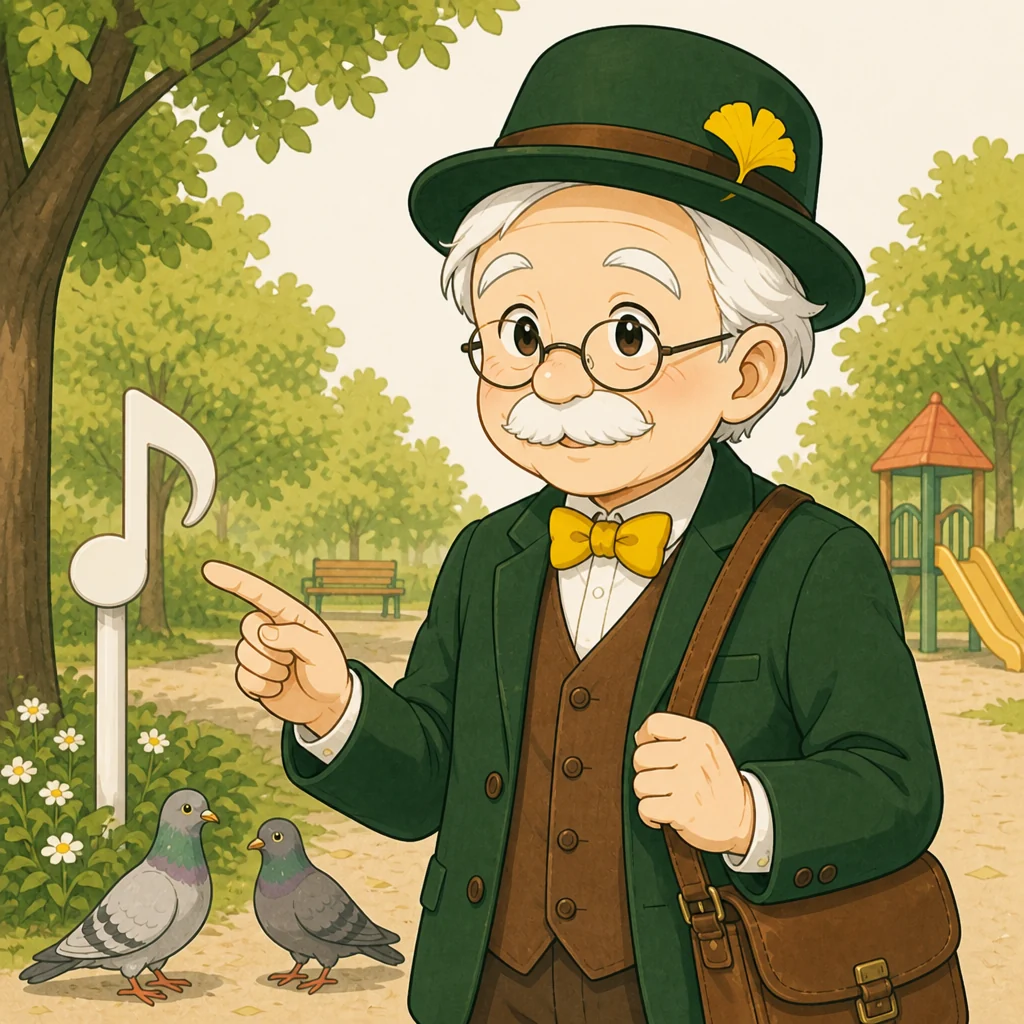 音符の看板とハトを指さす、本多静六をモチーフにした公園博士のオリジナルキャラクター