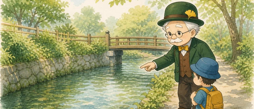 本多静六先生の1 POINT。水路を歩くと、石を置いたまちの記憶が流れてくる。