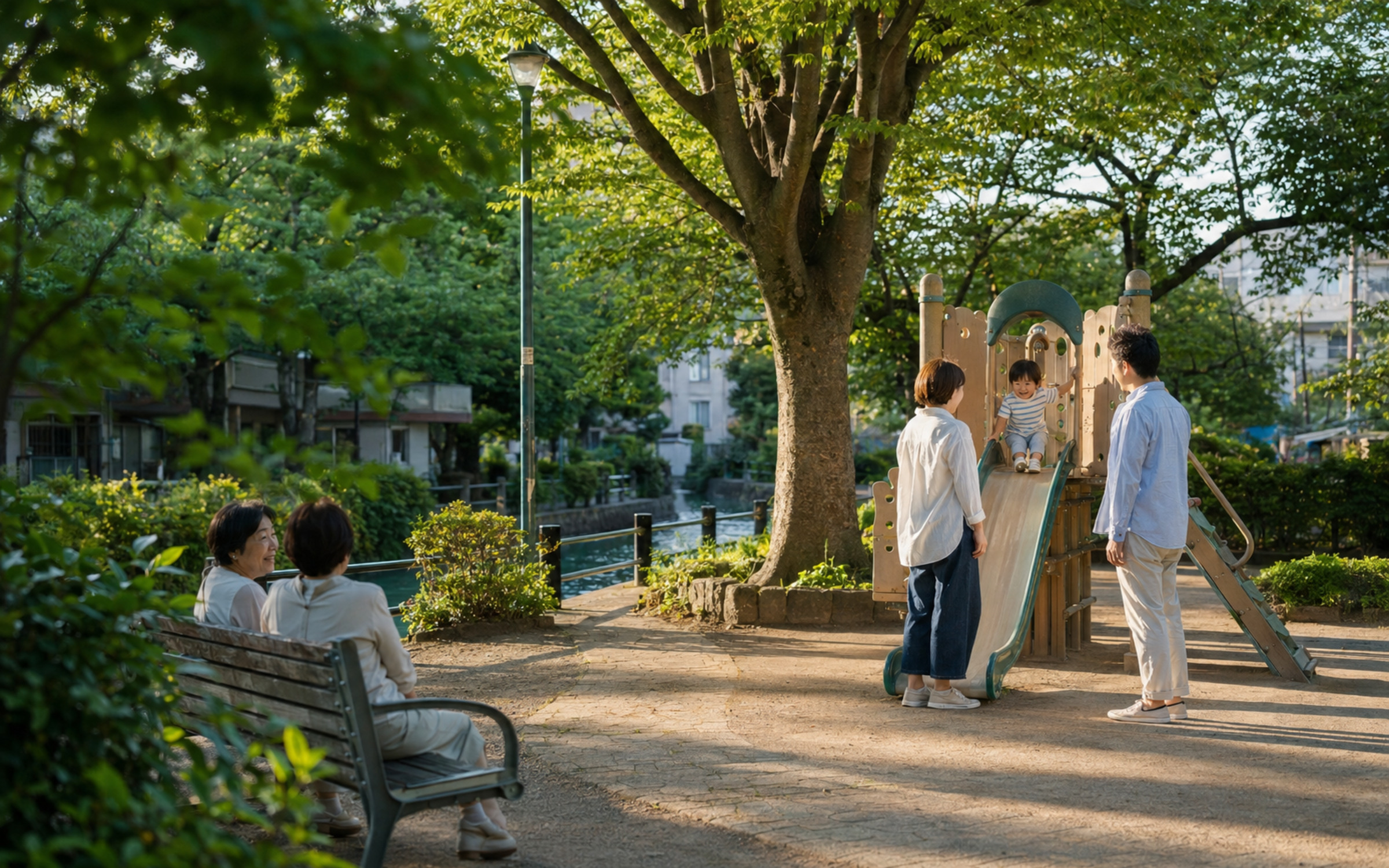 公園で遊ぶ親子と地域の人々を表現したAI生成イメージ