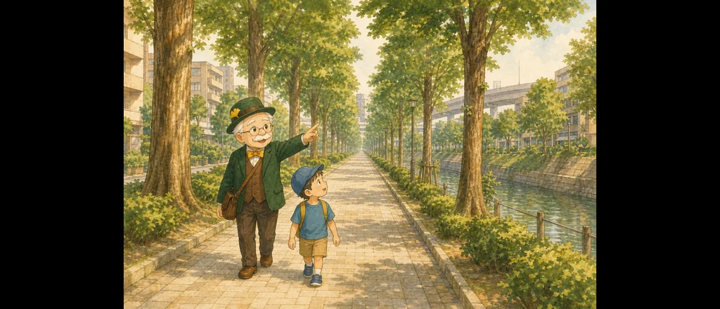 本多静六先生の1 POINT。細長い園路を歩くと、かつての堀の形が見えてくる。