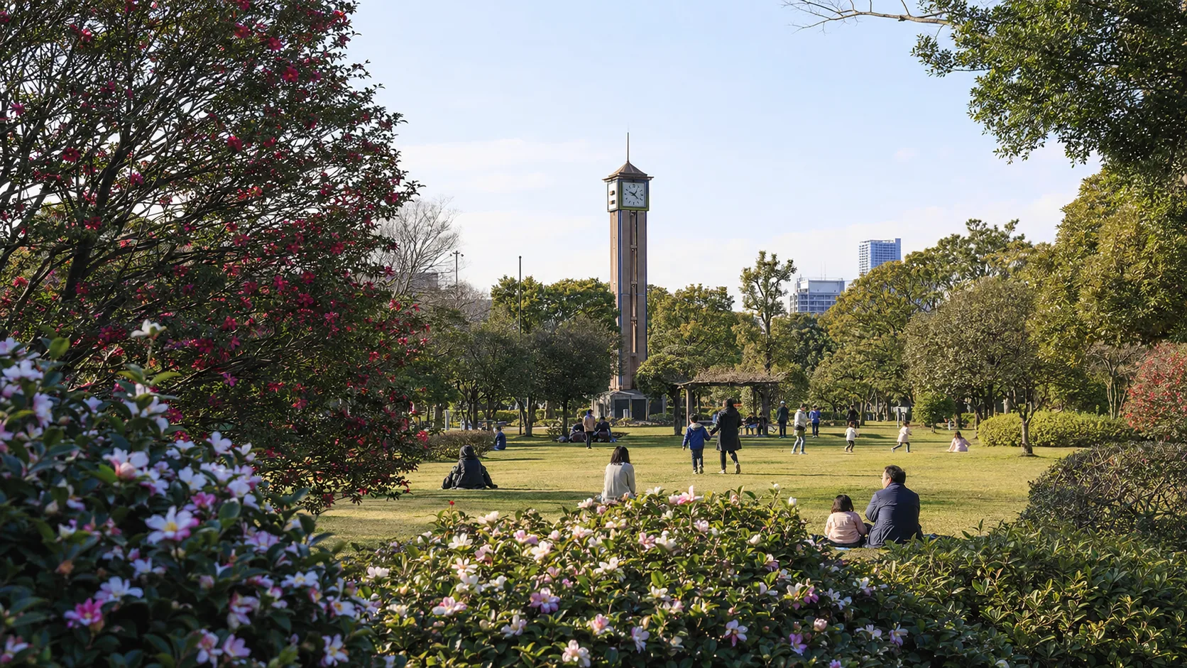 花と広場がひろがる亀戸中央公園のAI再現イメージ