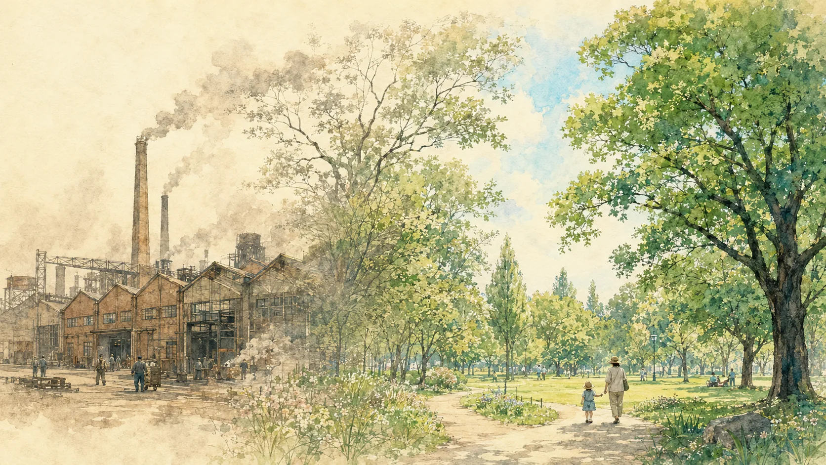 工場跡から公園へ変わる時間を想像したAI復元イメージ