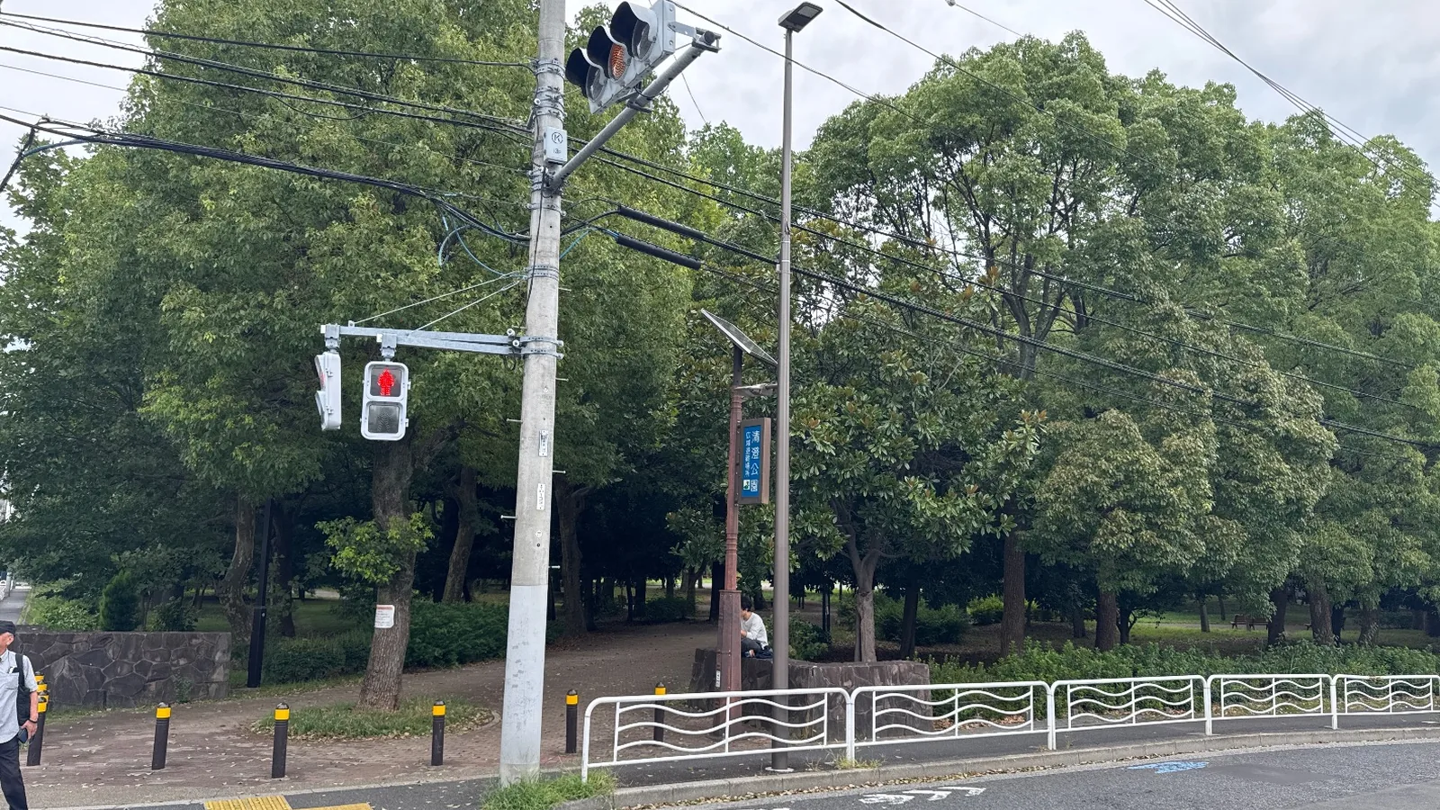 道路側の入口。「清澄公園」の縦看板と、木立の緑の壁