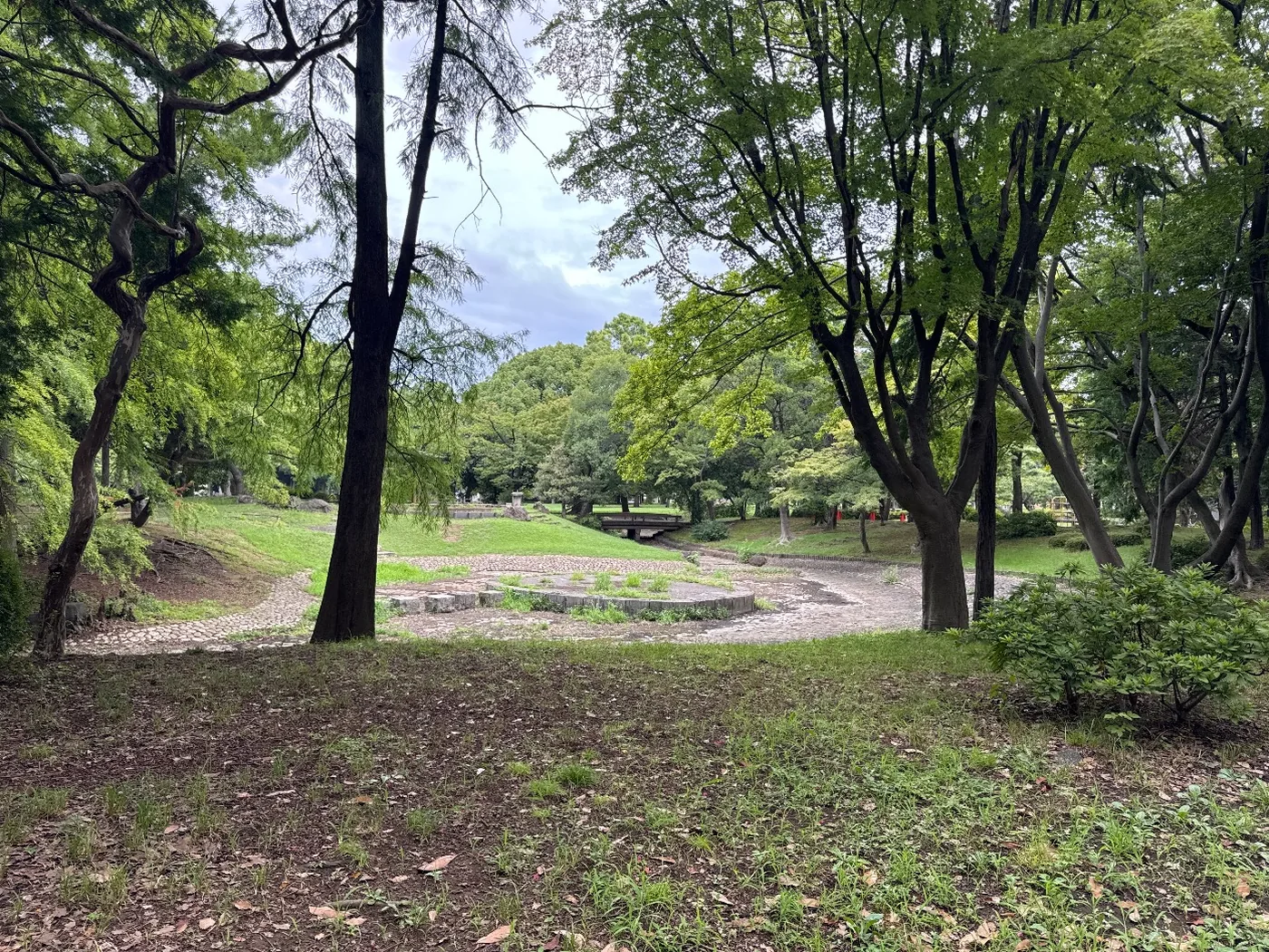 木立に囲まれた草地と石組み、奥に小さな橋
