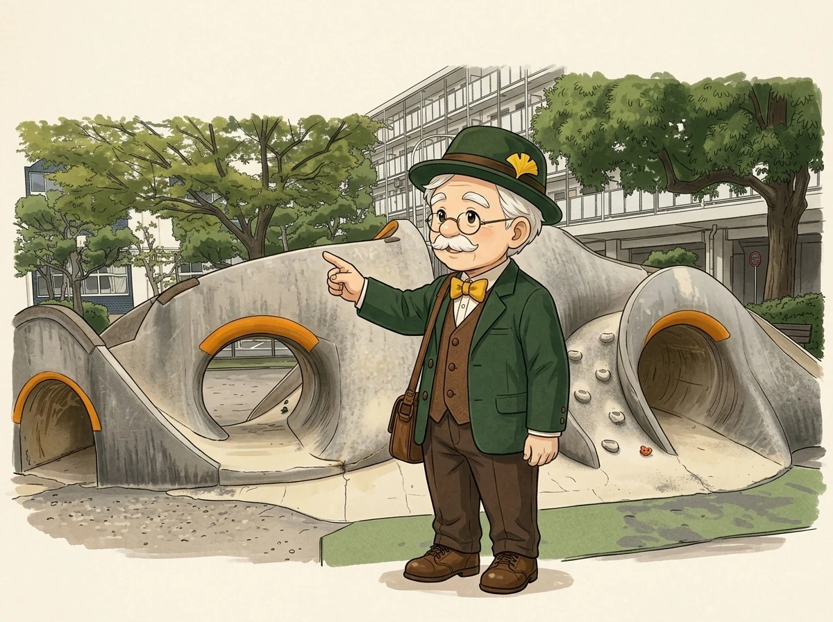 本多静六先生の1 POINT。せいろく先生が造形すべり台のある公園を案内している