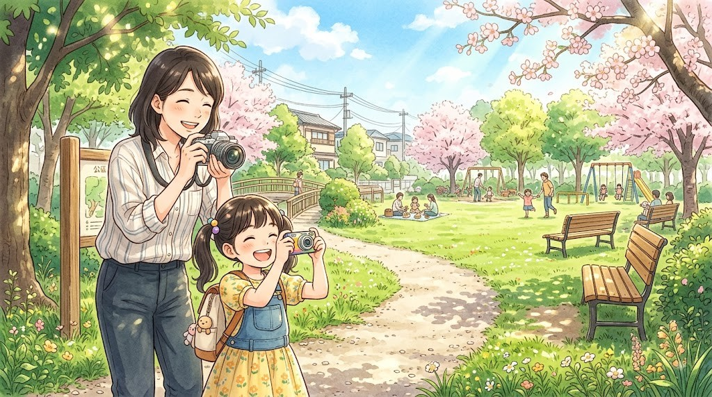親子が公園で写真を撮るイラスト