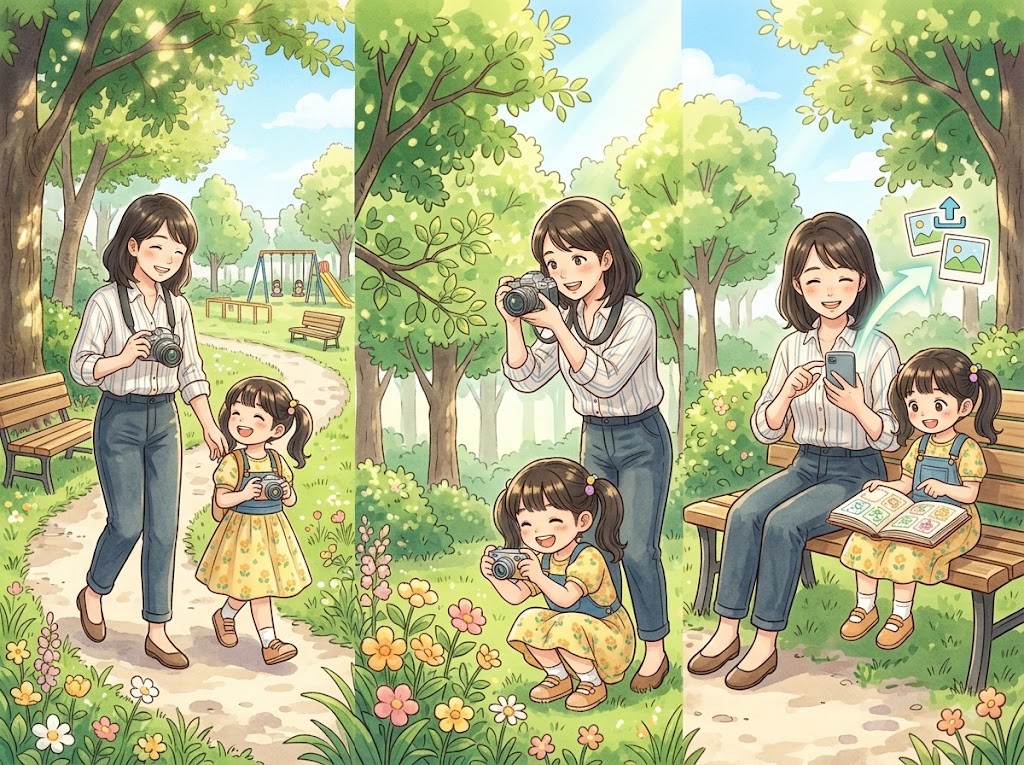 歩く・撮る・届けるの3コマイラスト