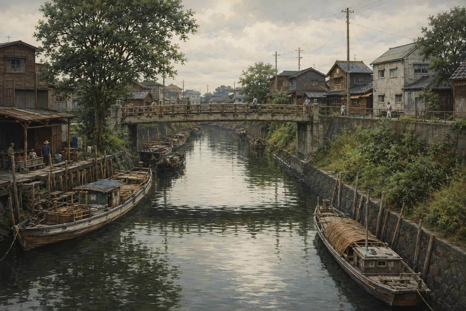 昔の仙台堀川周辺を想像した水路と舟の復元イラスト