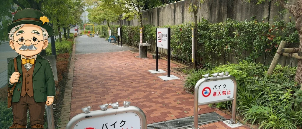 本多静六先生の1 POINT。雀の乗った門と細長い児童遊園を指さして案内している