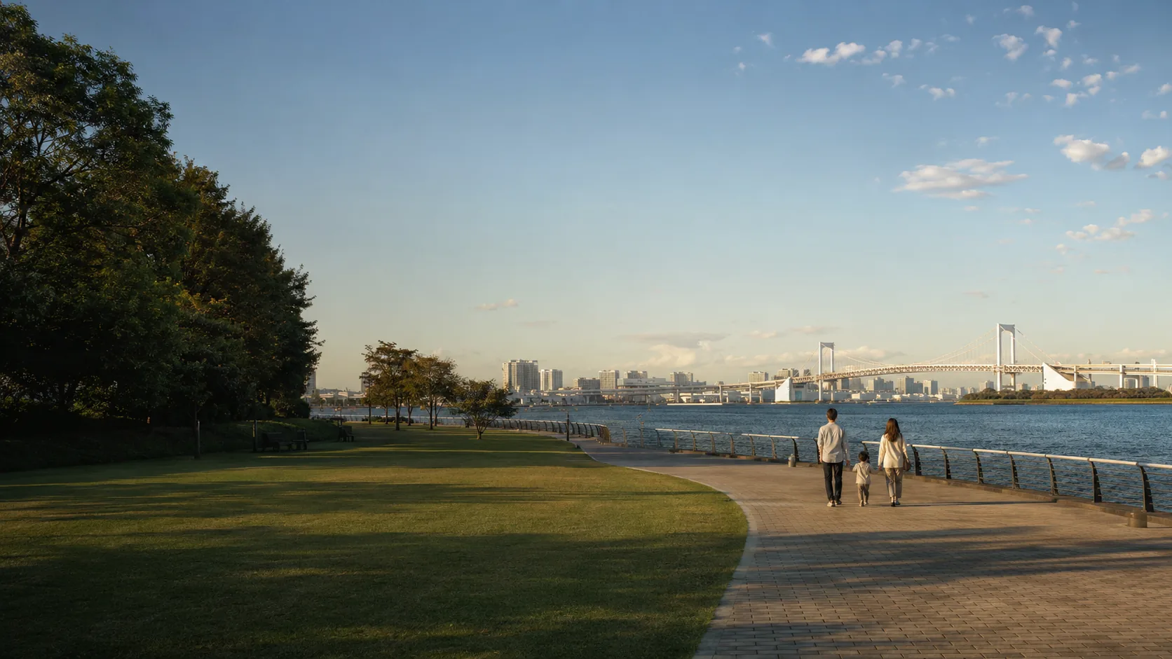 東京湾と水辺の園路を描いた豊洲ぐるり公園のAI再現イメージ