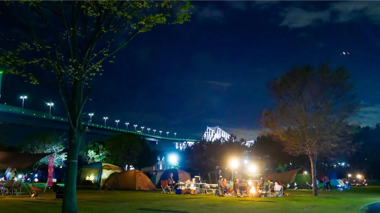 夜のキャンプ場。テントと東京ゲートブリッジの夜景