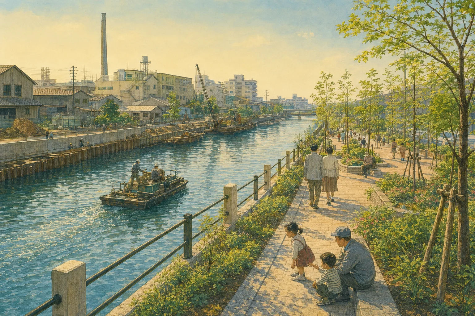 運河沿いに遊歩道と植栽が整っていく1980年代初頭を想像したAI復元イラスト