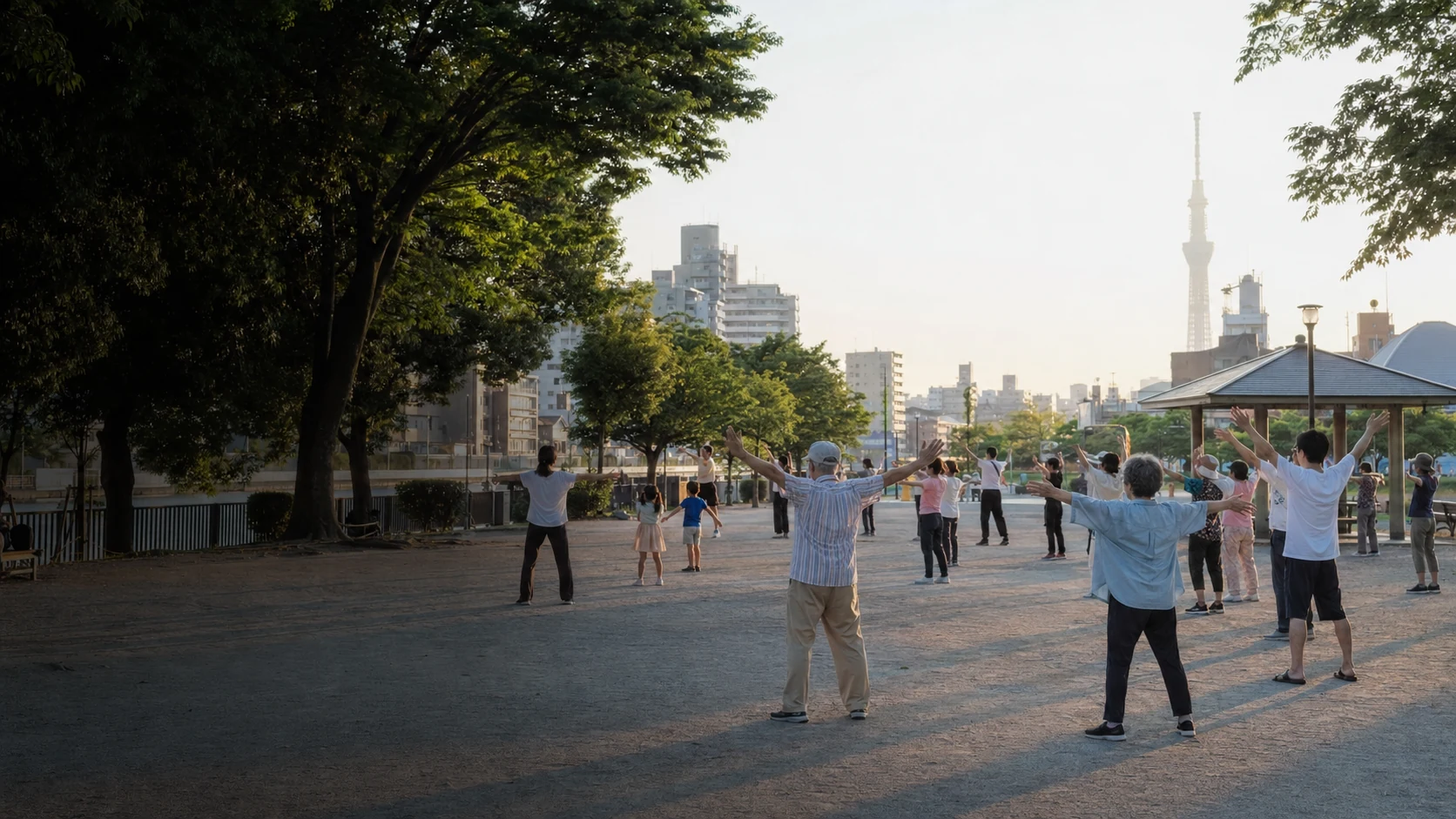 夏の早朝に水辺の公園でラジオ体操をする地域の人々