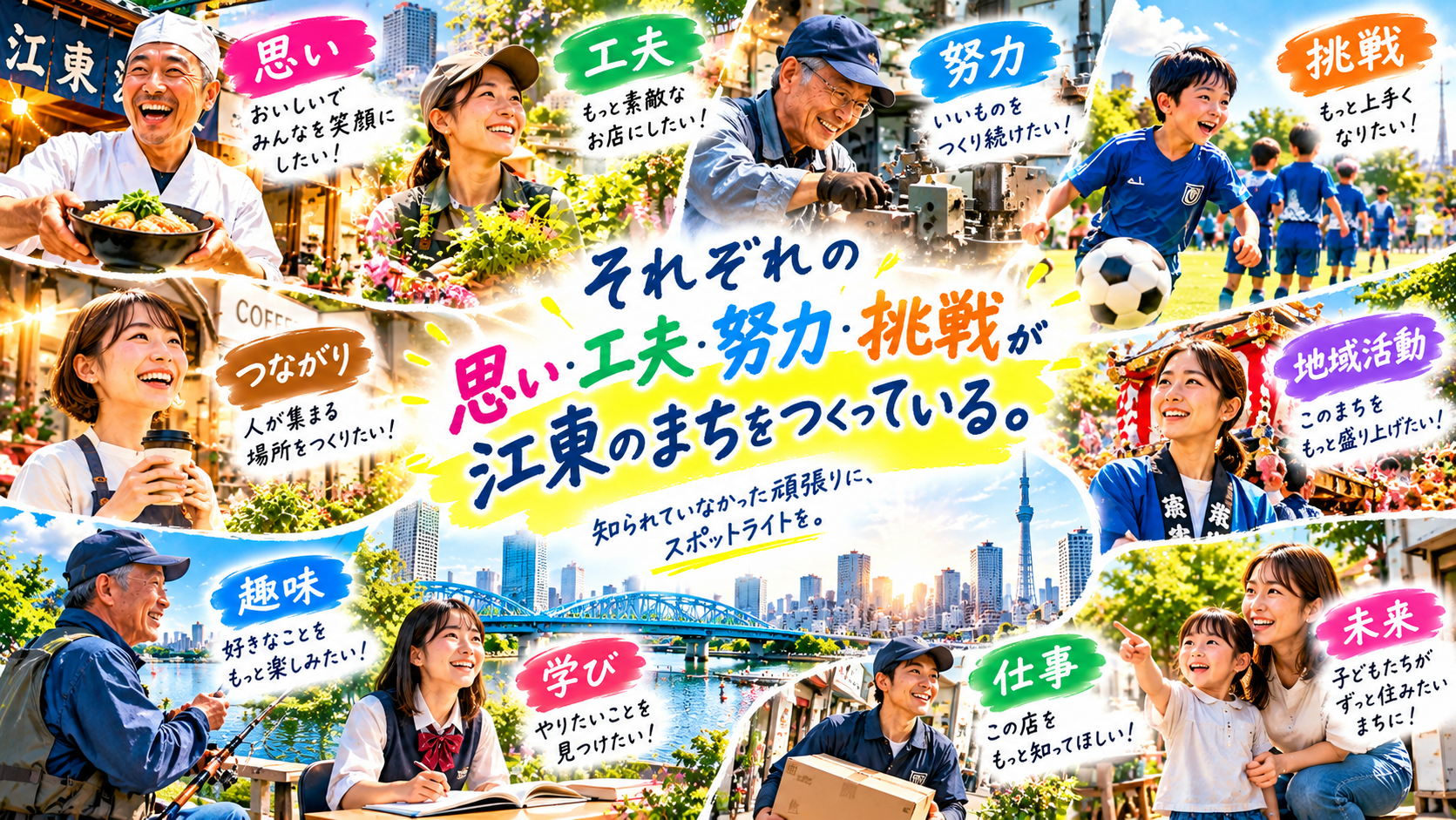 料理、花、ものづくり、スポーツ、祭り、学び、仕事など江東のさまざまな思いと挑戦