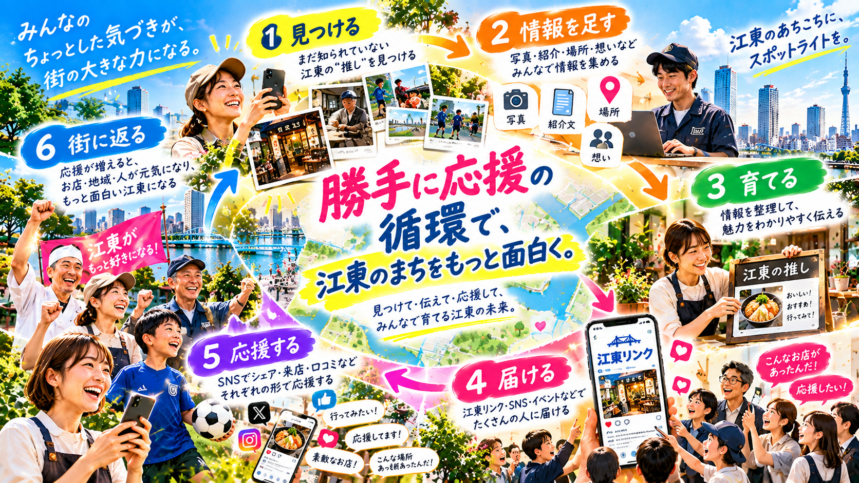 見つける、情報を足す、育てる、届ける、応援する、街に返るという勝手に応援の循環
