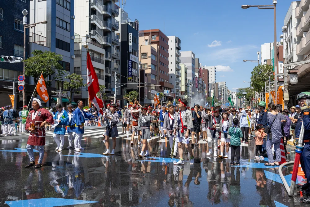 豊洲の街路を進む神輿行列の全景